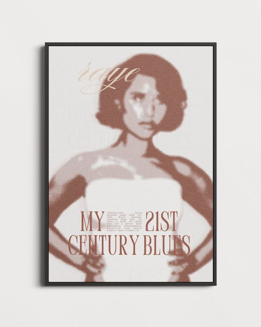 Framed poster with a stylized portrait of a Raye and text on a light gray background