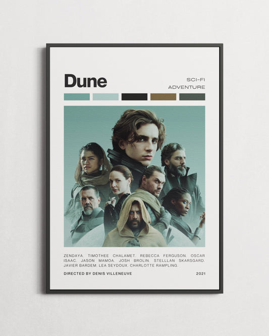'Dune' movie poster with characters on a light gray background