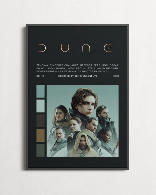 Movie poster for 'Dune' with character images and title on a light gray background