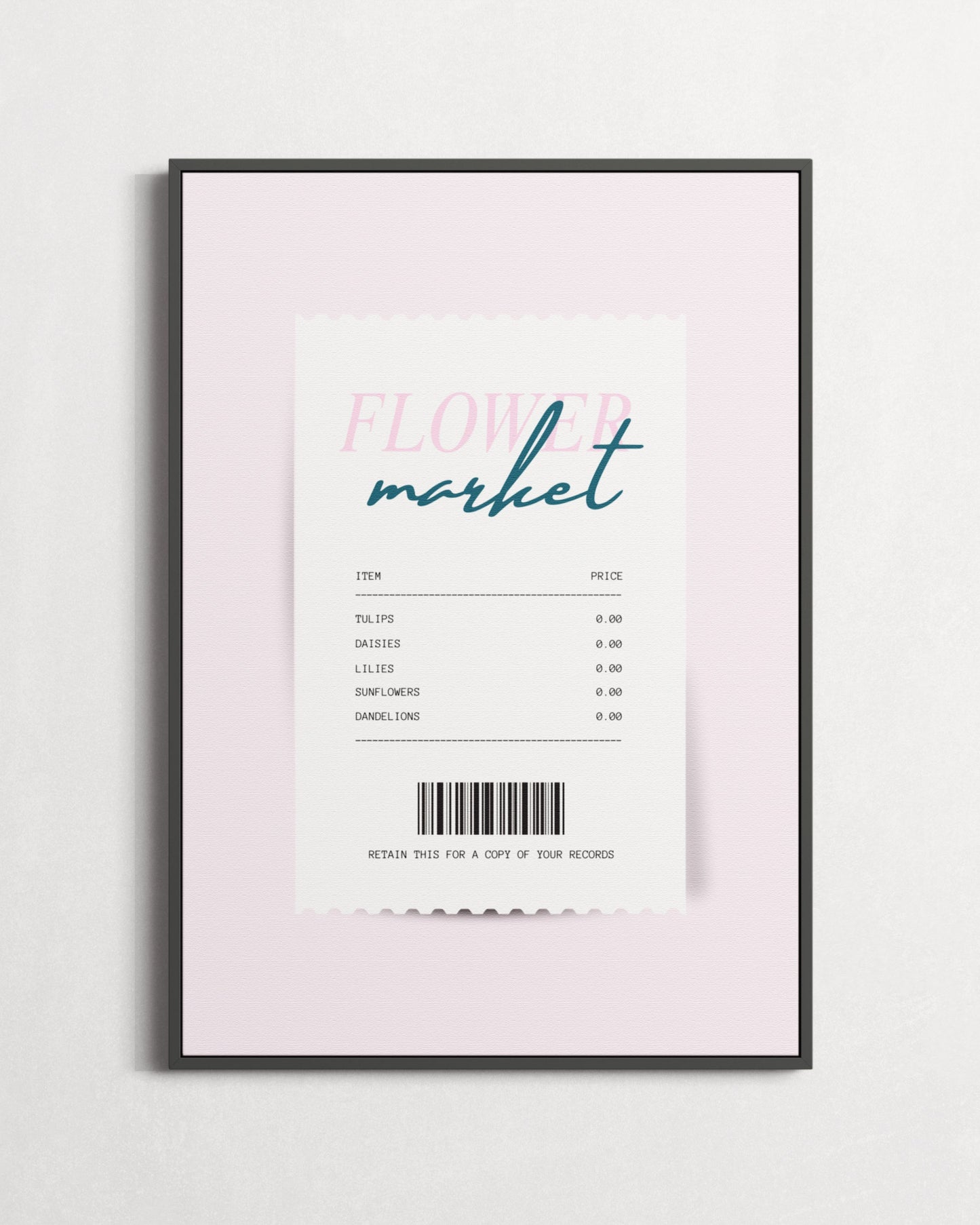 Framed poster with 'Flour Market' text on a light pink background
