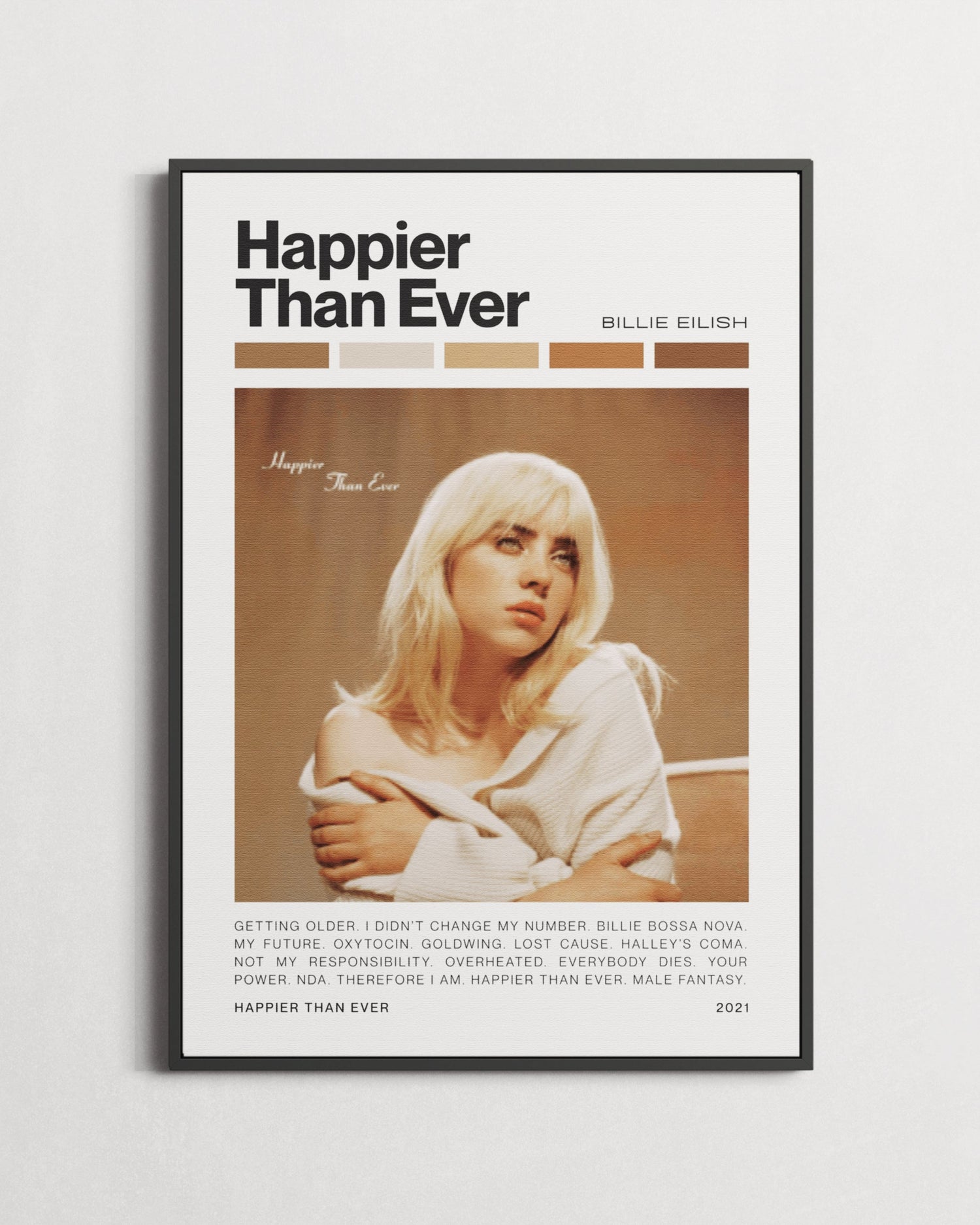 Framed poster of a woman with text 'Happier Than Ever' by Billie Eilish on a white wall.