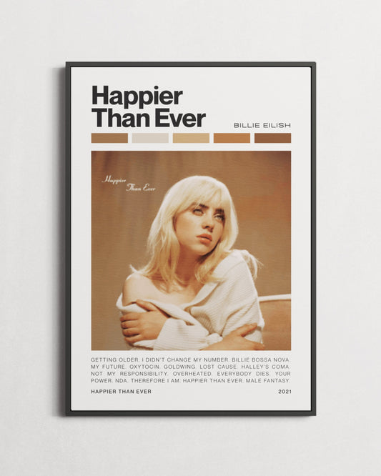 Framed poster of a woman with text 'Happier Than Ever' by Billie Eilish on a white wall.