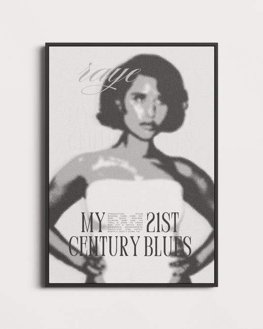 Framed poster with a stylized portrait of Raye and text on a light gray background