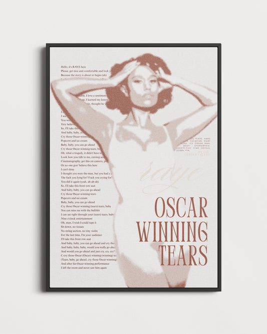 Framed poster with Raye's portrait and text on a light gray background