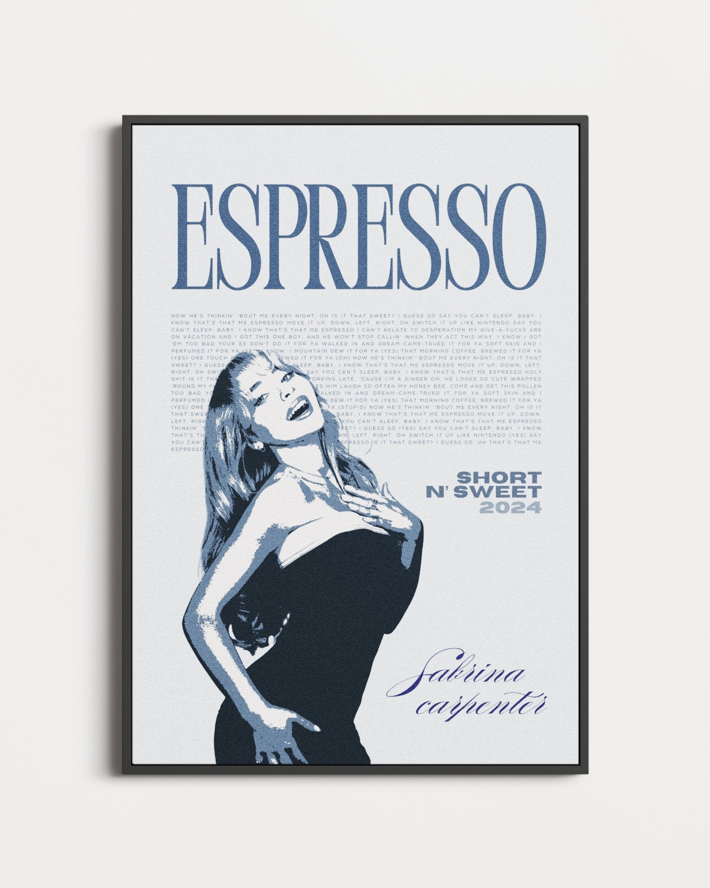 Framed poster with 'Espresso' text and a Sabrina Carpenter's face on a light blue background