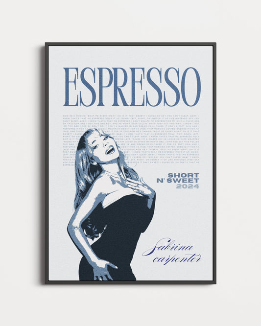Framed poster with 'Espresso' text and a Sabrina Carpenter's face on a light blue background