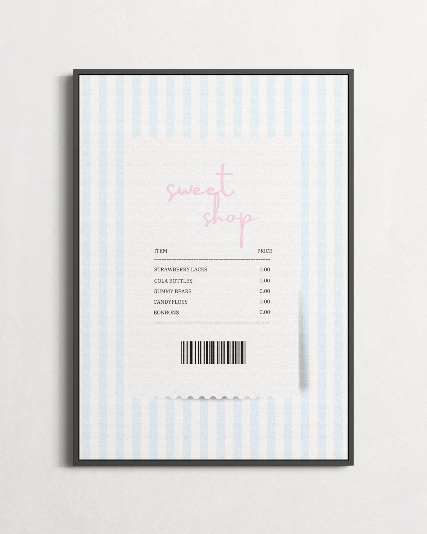 Framed document with text and a barcode on a white background