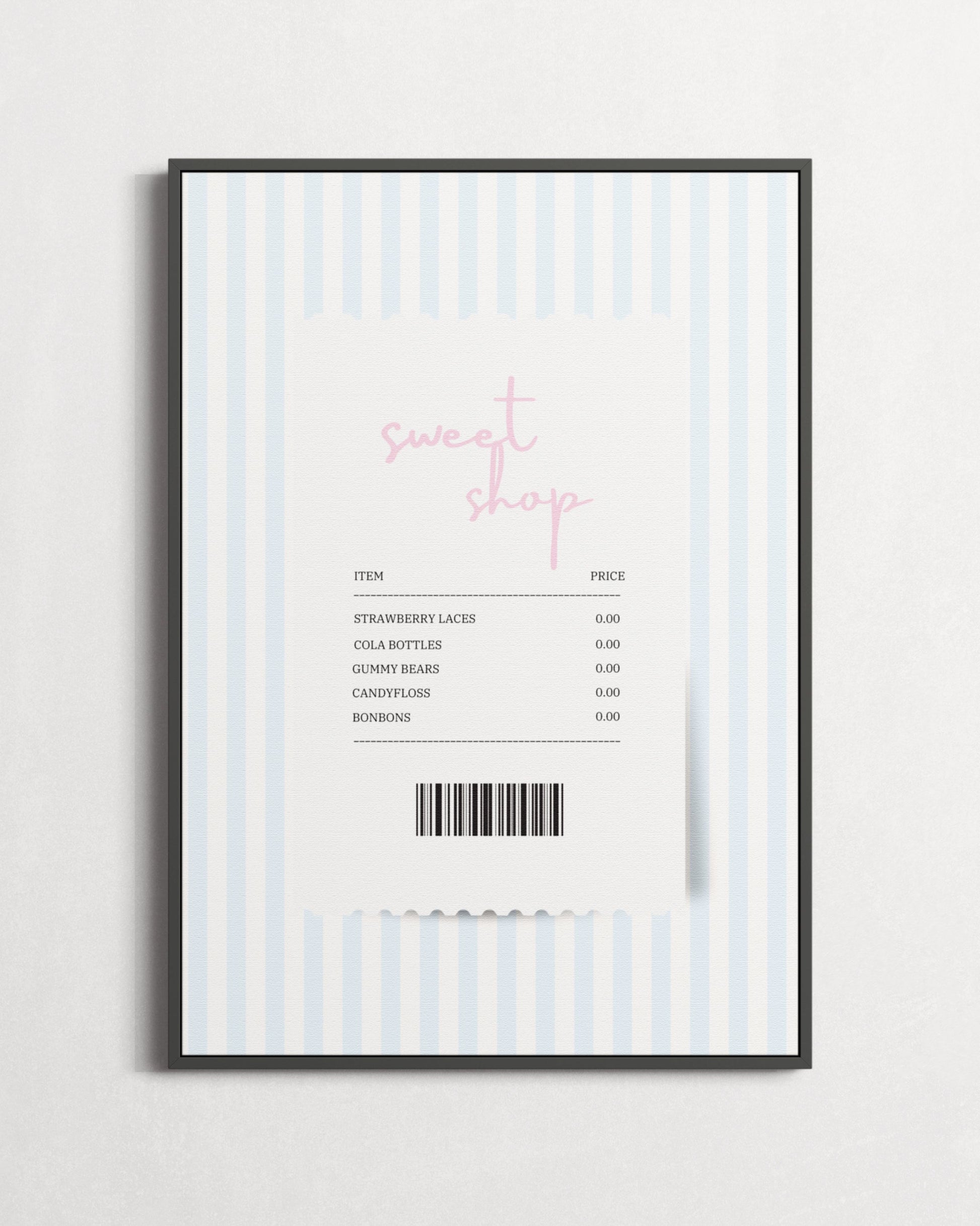 Framed document with text and a barcode on a white background